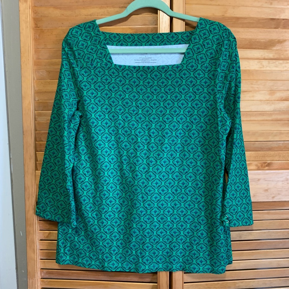 Talbots sz large cotton knit, green n navy small geo pattern square neck top